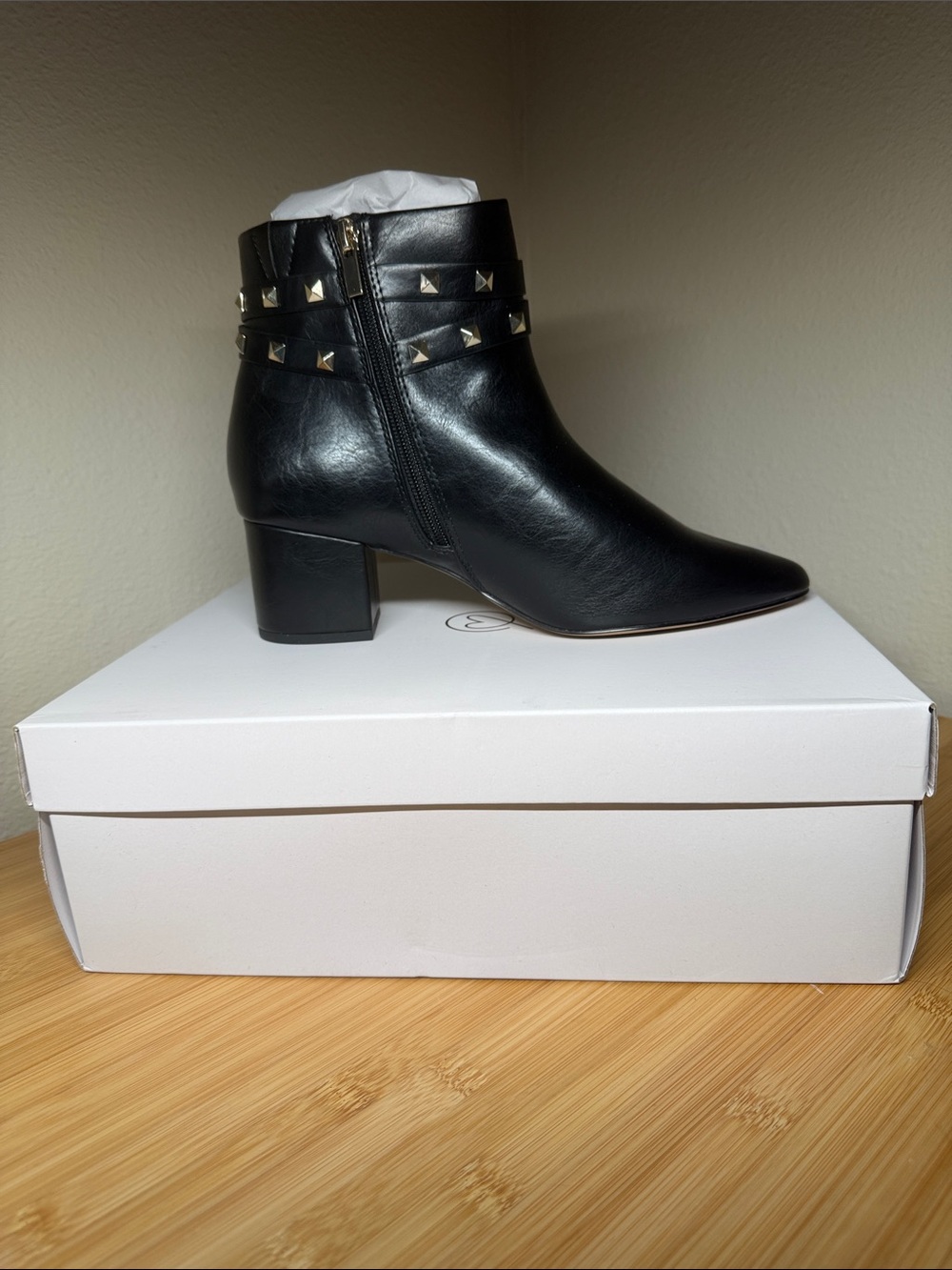 NIB The Drop Jessi Black Studded Vegan Ankle Boots Side Zip Block Heel